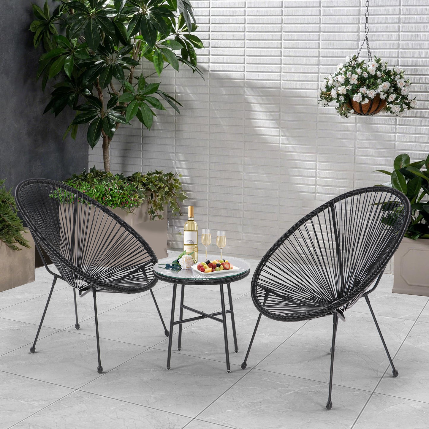 3 Piece Patio Bistro Conversation Set with Side Table, Acapulco All-Weather PE Rattan Chair Set,Flexible Rope Furniture Outdoor with Coffee Table,for Garden,Backyard,Balcony or Poolside(Black)