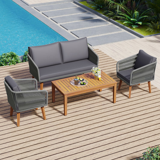 TREXM 4-Piece Patio Conversation Set, Solid Wood Loveseat, 2 Chairs and Table, Outdoor Conversation Group with Cushions for Backyard, Poolside, Garden (Dark Grey Cushion + Grey Rope)