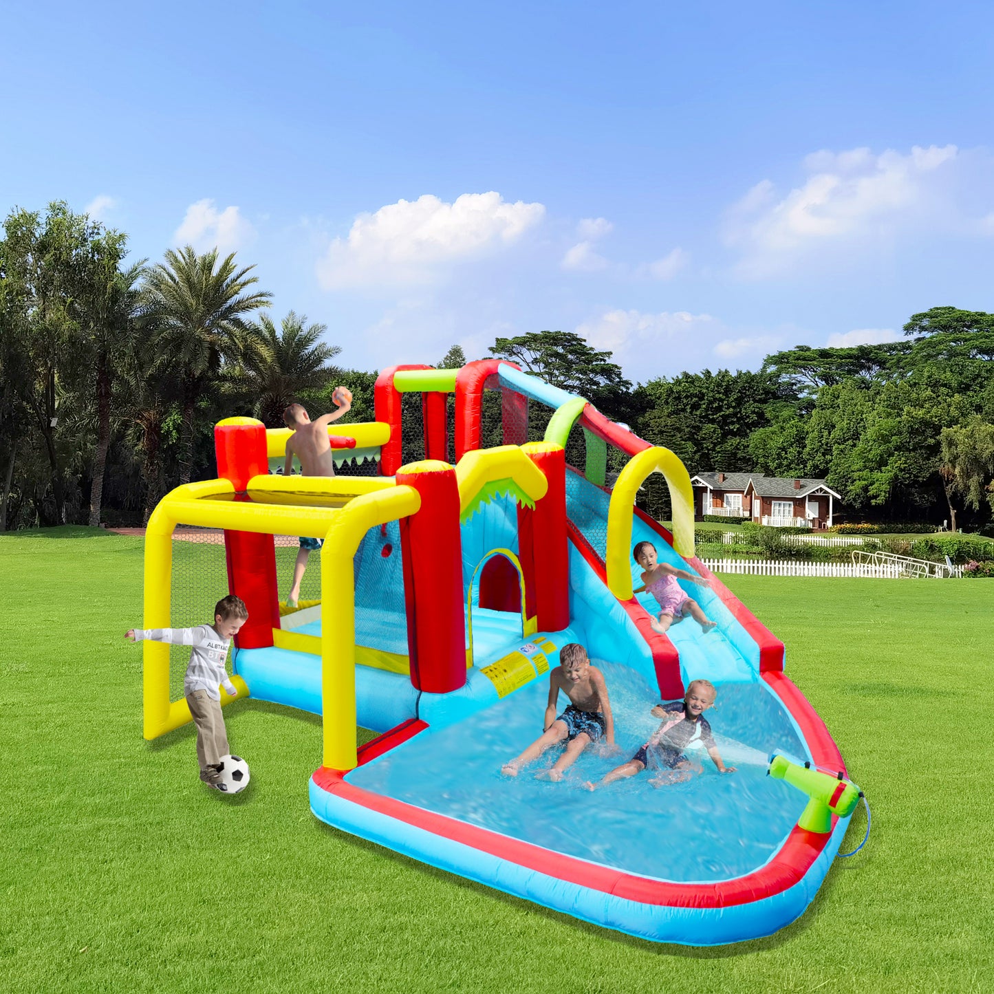 7 in1 Inflatable slide water park bouncing house outdoor Soccer garden bouncer with Splash pool  & Water gun & Climbing wall & Basketball & Football