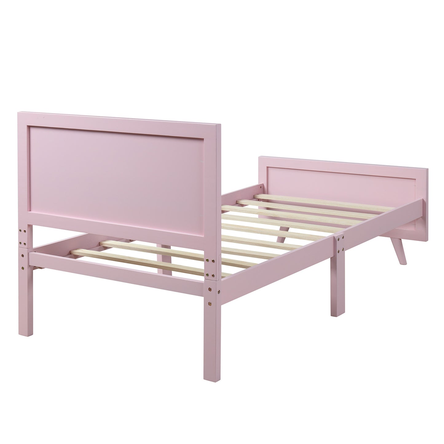 Wood Platform Bed Twin Bed Frame Mattress Foundation with Headboard and Wood Slat Support (Pink)