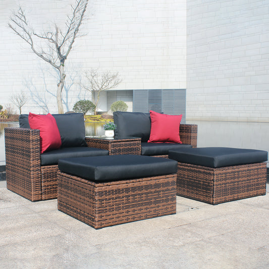 Updated 5 Pieces Outdoor Patio Garden Brown Wicker Sectional Conversation Sofa Set with Black Cushions and Red Pillows,w/ Furniture Protection Cover