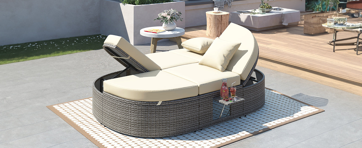 TOPMAX Outdoor Sun Bed Patio 2-Person Daybed with Cushions and Pillows, Rattan Garden Reclining Chaise Lounge with Adjustable Backrests and Foldable Cup Trays for Lawn, Poolside, Beige