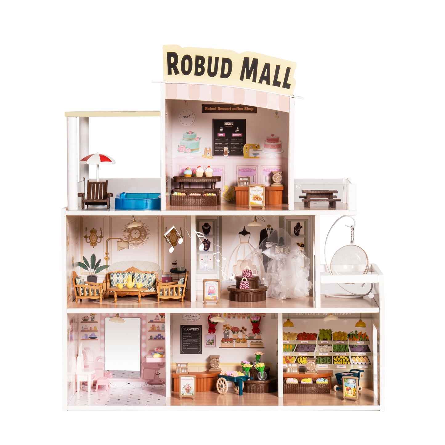 Wooden Shopping Mall Dollhouse, Pretend Playset for Kids, Suitable for Christmas Party& Birthday