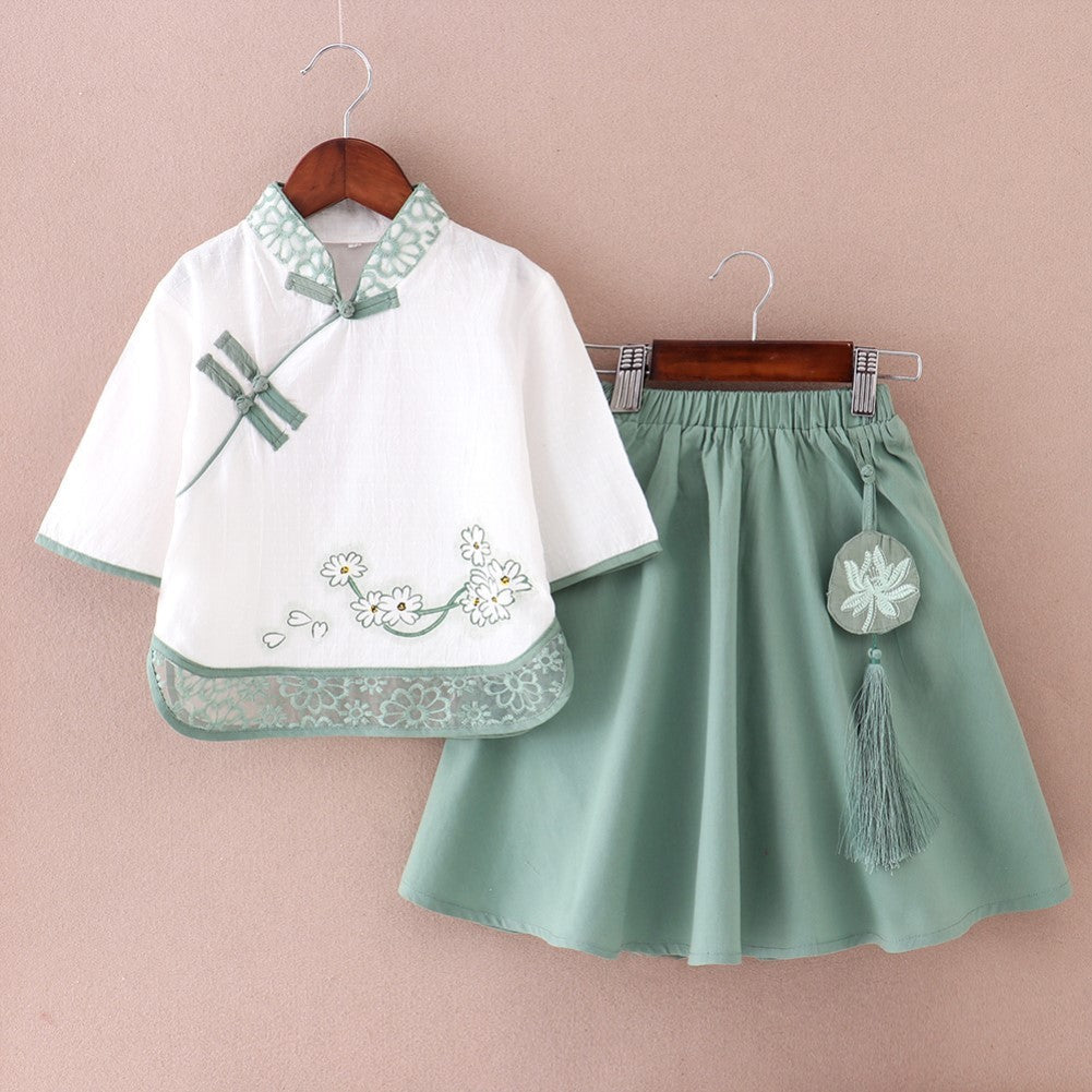 Color: Green, Size: 110yards - Girls' Antique Summer Chinese Style Skirt