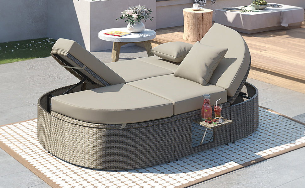 TOPMAX Outdoor Sun Bed Patio 2-Person Daybed with Cushions and Pillows, Rattan Garden Reclining Chaise Lounge with Adjustable Backrests and Foldable Cup Trays for Lawn,Poolside, Gray