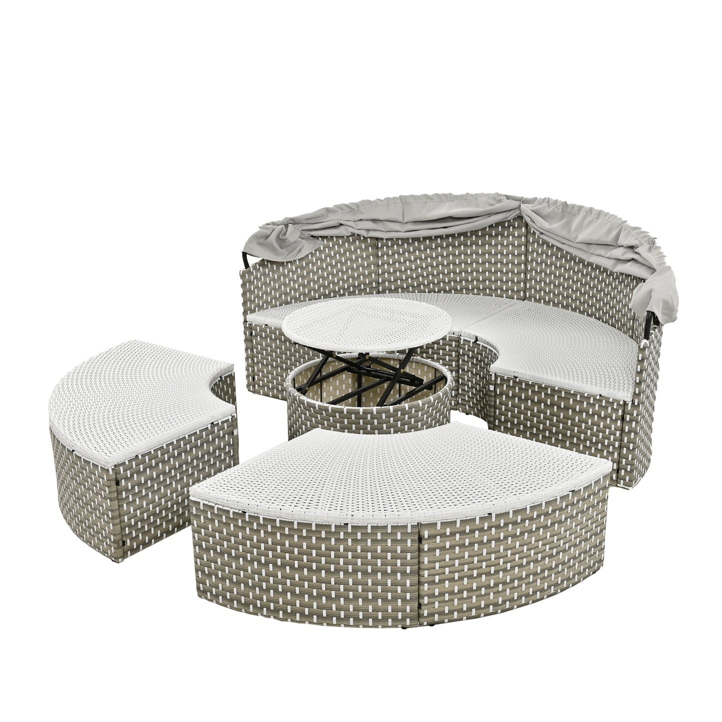 TOPMAX Patio Furniture Round Outdoor Sectional Sofa Set Rattan Daybed Two-Tone Weave Sunbed with Retractable Canopy, Separate Seating and Removable Cushion, Gray