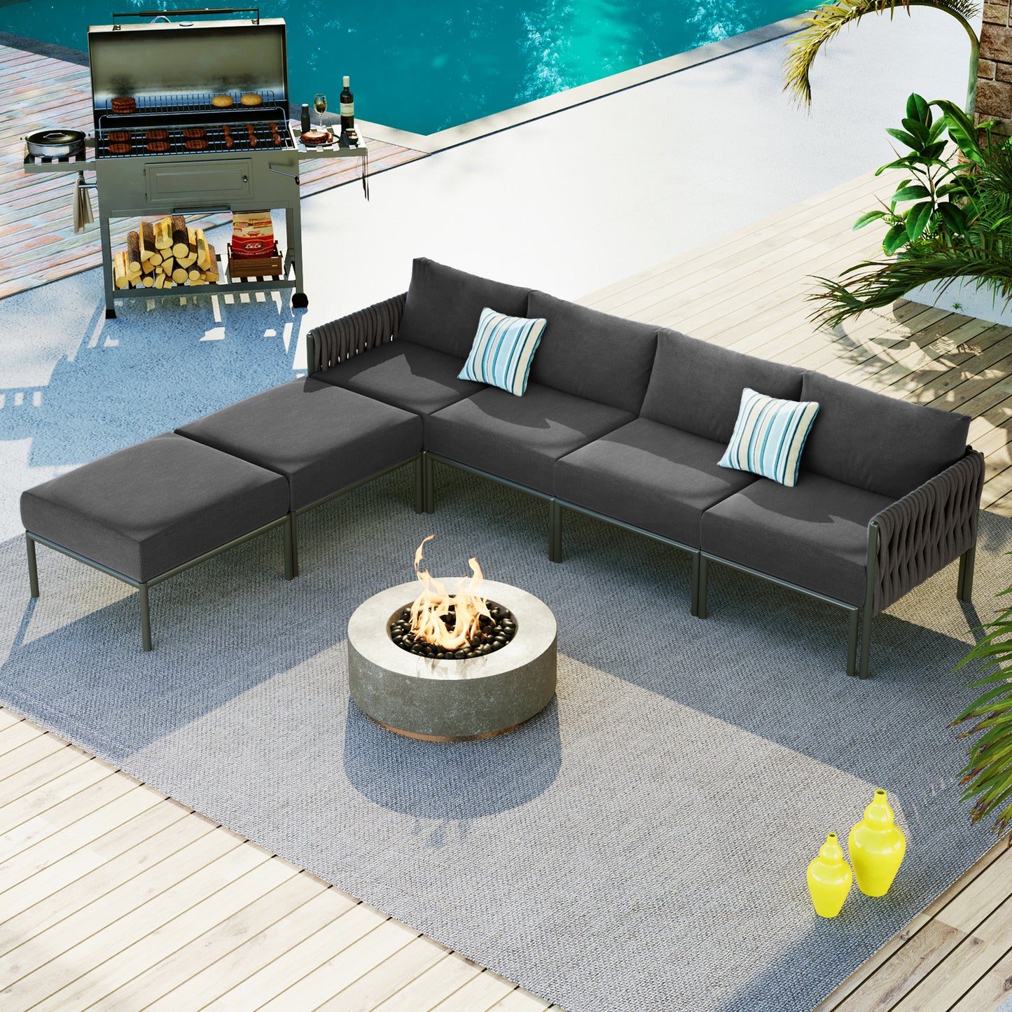 GO 6-Pieces Aluminum Patio Furniture Set, Modern Metal Outdoor Conversation Set Sectional Sofa With Removable Olefin Extra Thick Cushions 5.9" Cushion, Grey