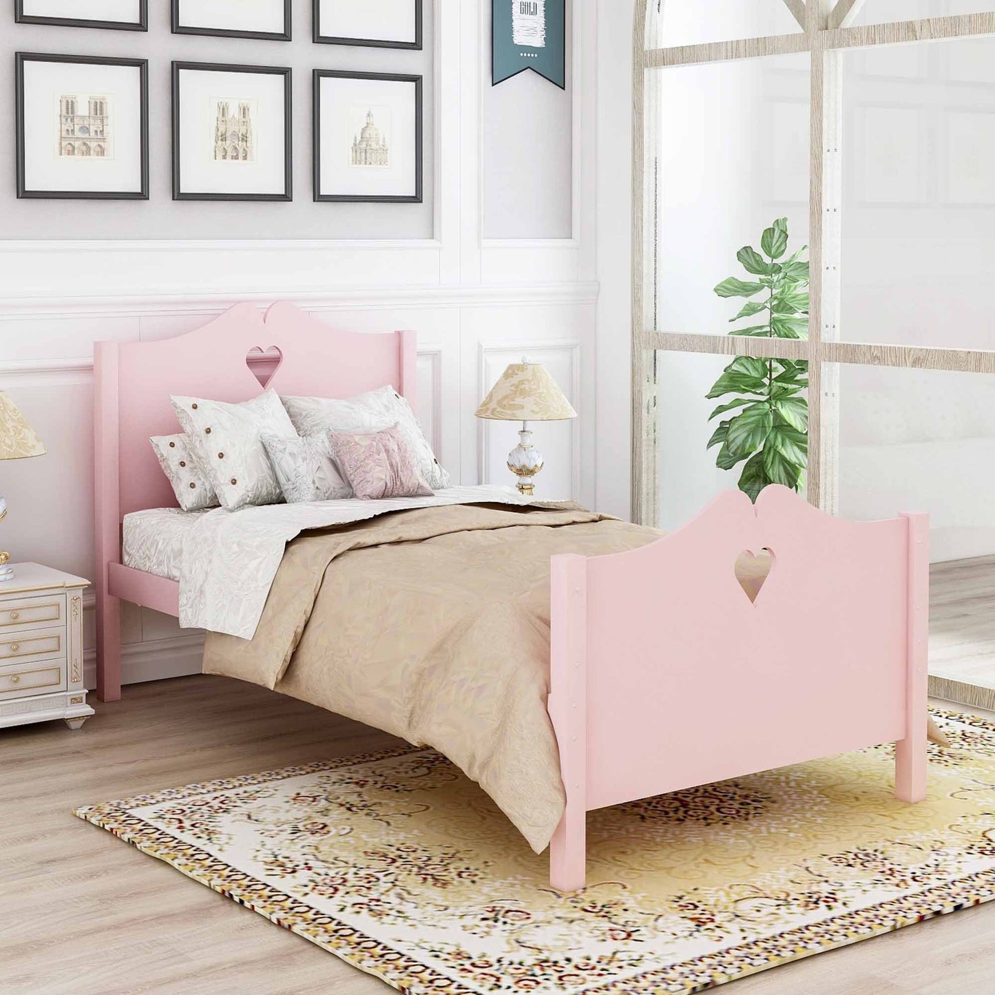 Twin Size Wood Platform Bed with Headboard,Footboard and Wood Slat Support  (Pink)