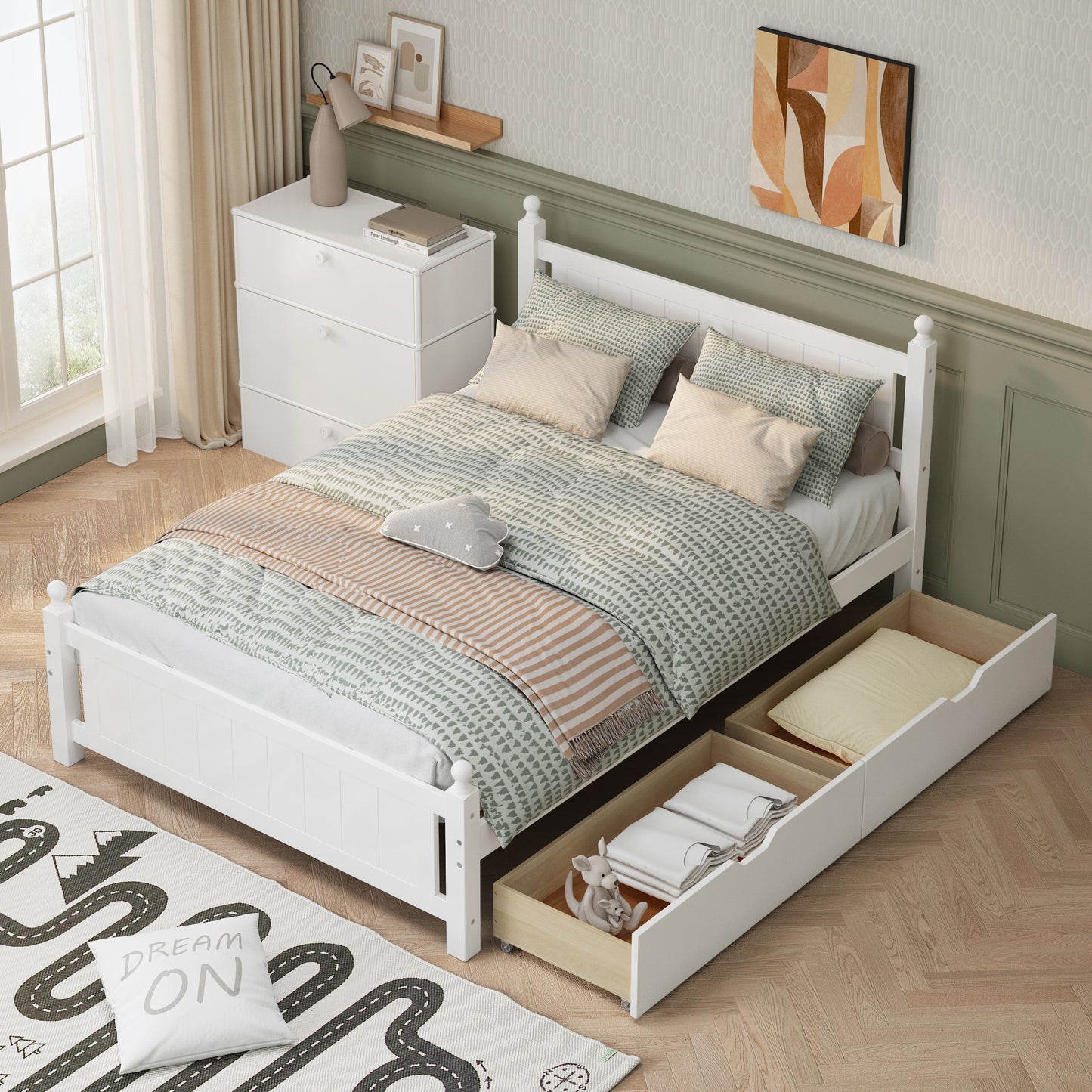 Full Size Solid Wood Platform Bed Frame with 2 drawers for Limited Space Kids, Teens, Adults, No Need Box Spring, White