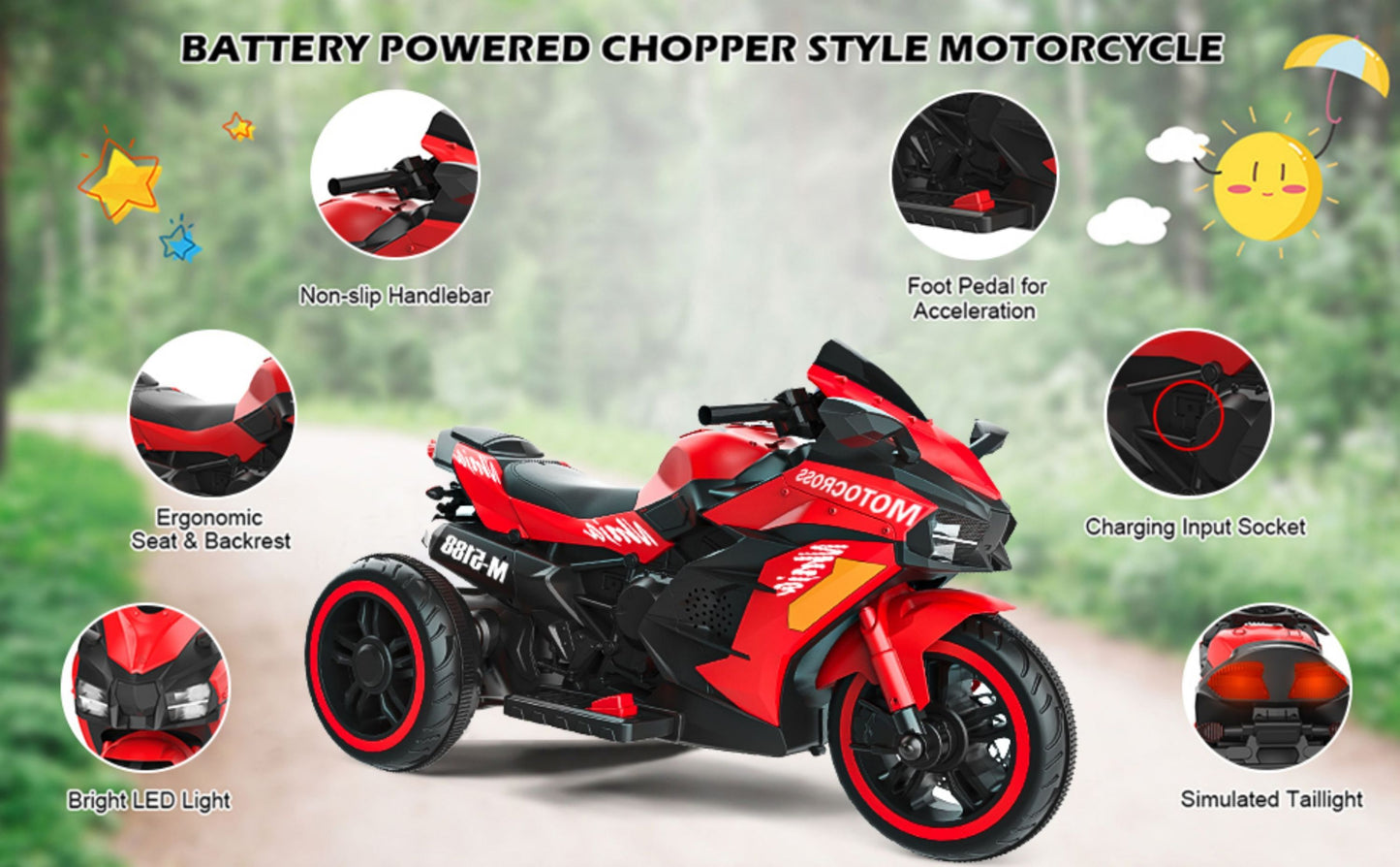 12V Battery Motorcycle, 3 Wheel Motorcycle, Kids Rechargeable Riding Motorized Car - Red