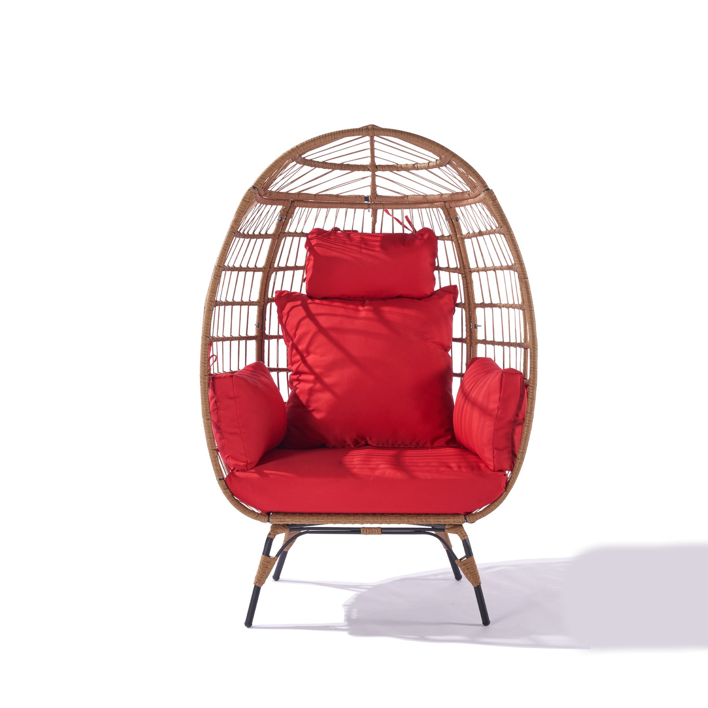 Wicker Egg Chair, Oversized Indoor Outdoor Lounger for Patio, Backyard, Living Room w/ 5 Cushions, Steel Frame, - Red