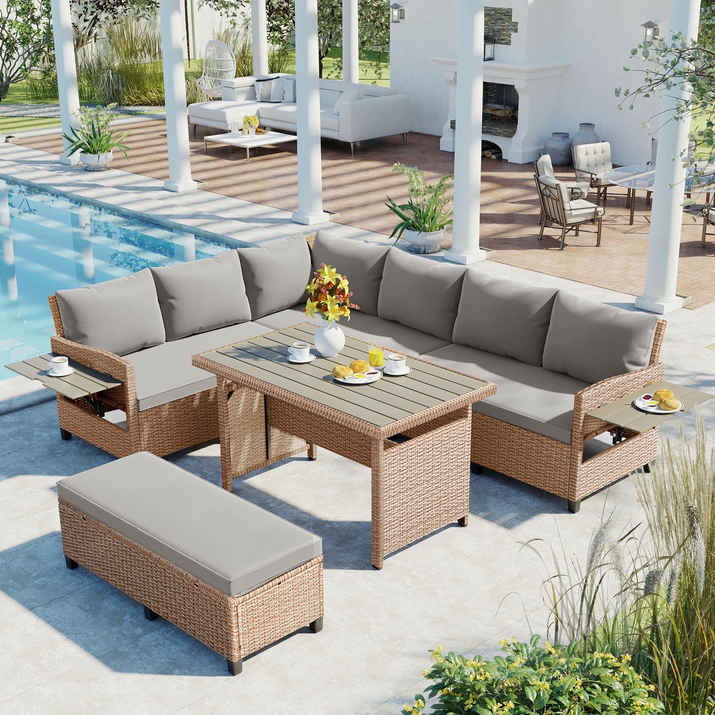 TOMAX 5-Piece Outdoor Patio Rattan Sofa Set, Sectional PE Wicker L-Shaped Garden Furniture Set with 2 Extendable Side Tables, Dining Table and Washable Covers for Backyard, Poolside, Indoor, Brown