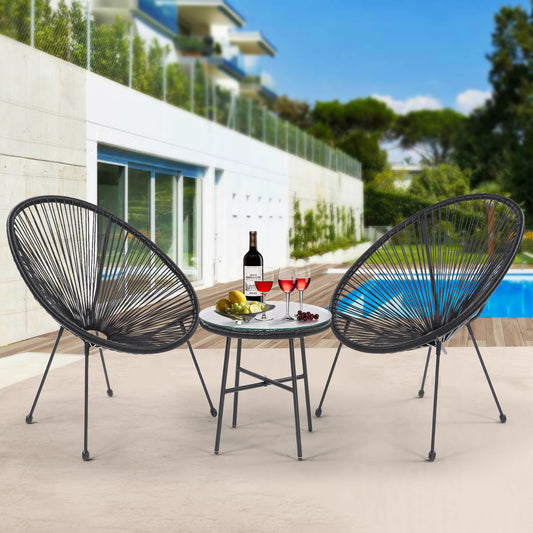 3 Piece Patio Bistro Conversation Set with Side Table, Acapulco All-Weather PE Rattan Chair Set,Flexible Rope Furniture Outdoor with Coffee Table,for Garden,Backyard,Balcony or Poolside(Black)