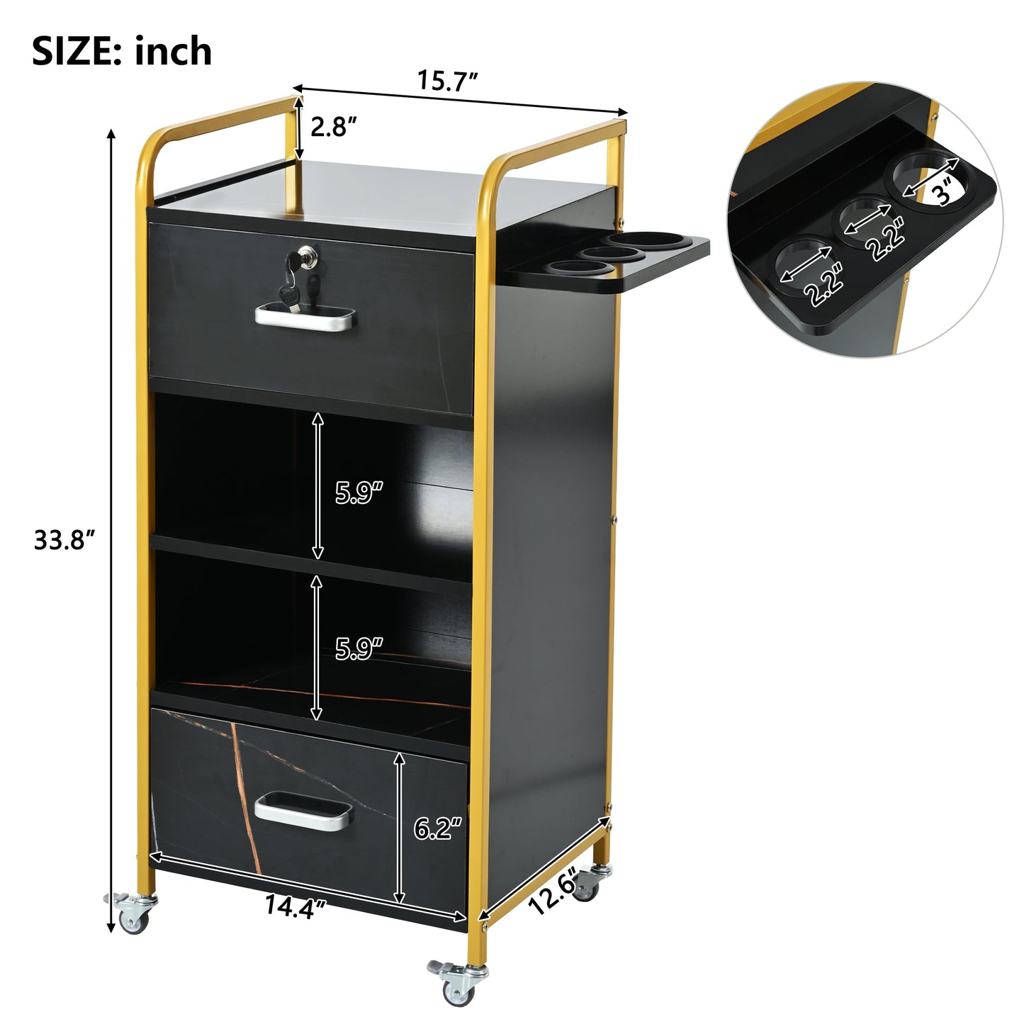 Locking Salon Storage Cabinet,Beauty Barber Salon Styling Station Organizer Equipment with 3 Hair Dryer Holder, 2 Drawers for Beauty Spa Barber Shop,Black