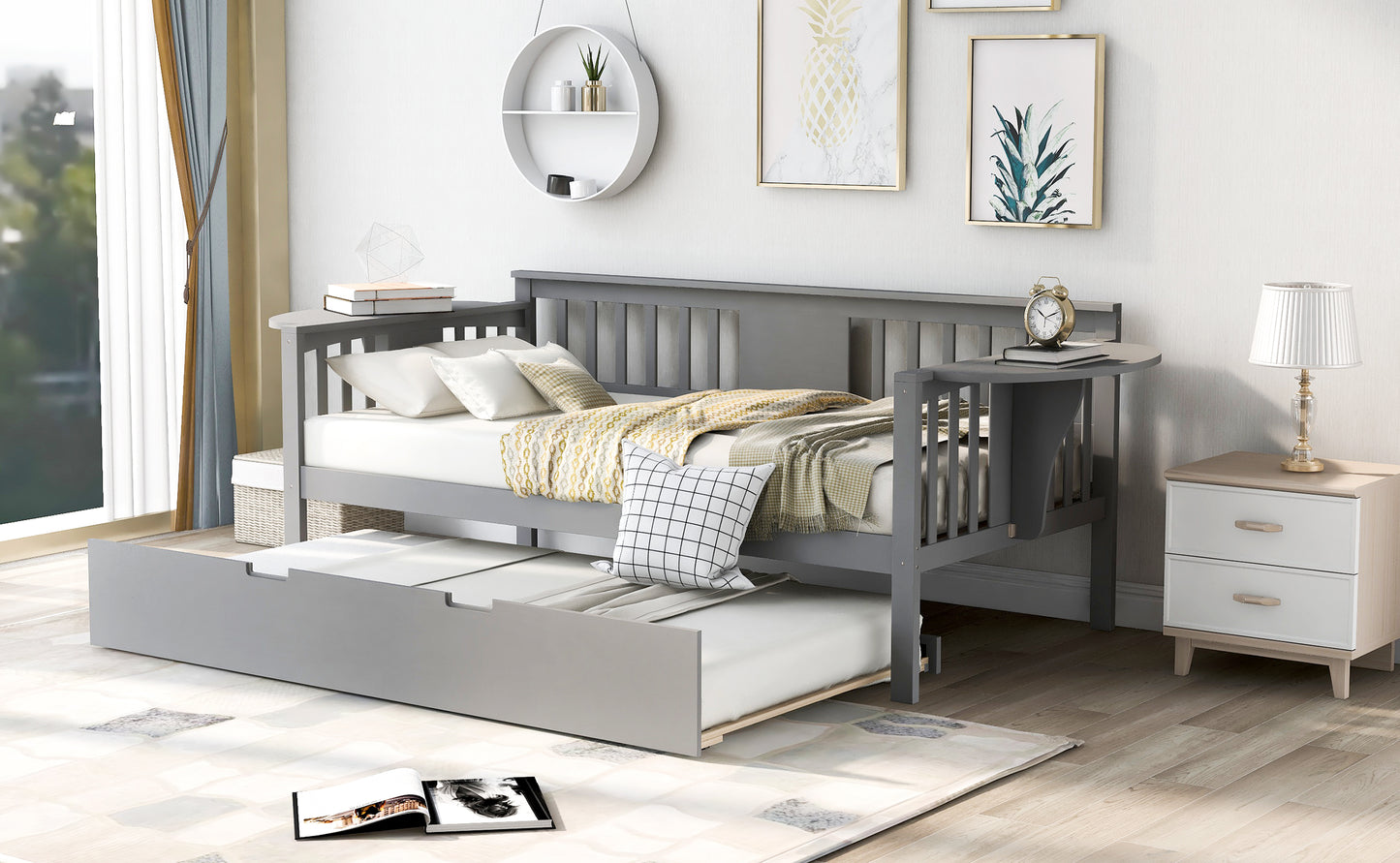 Twin Wooden Daybed with Trundle Bed  , Sofa Bed for Bedroom Living Room, Gray