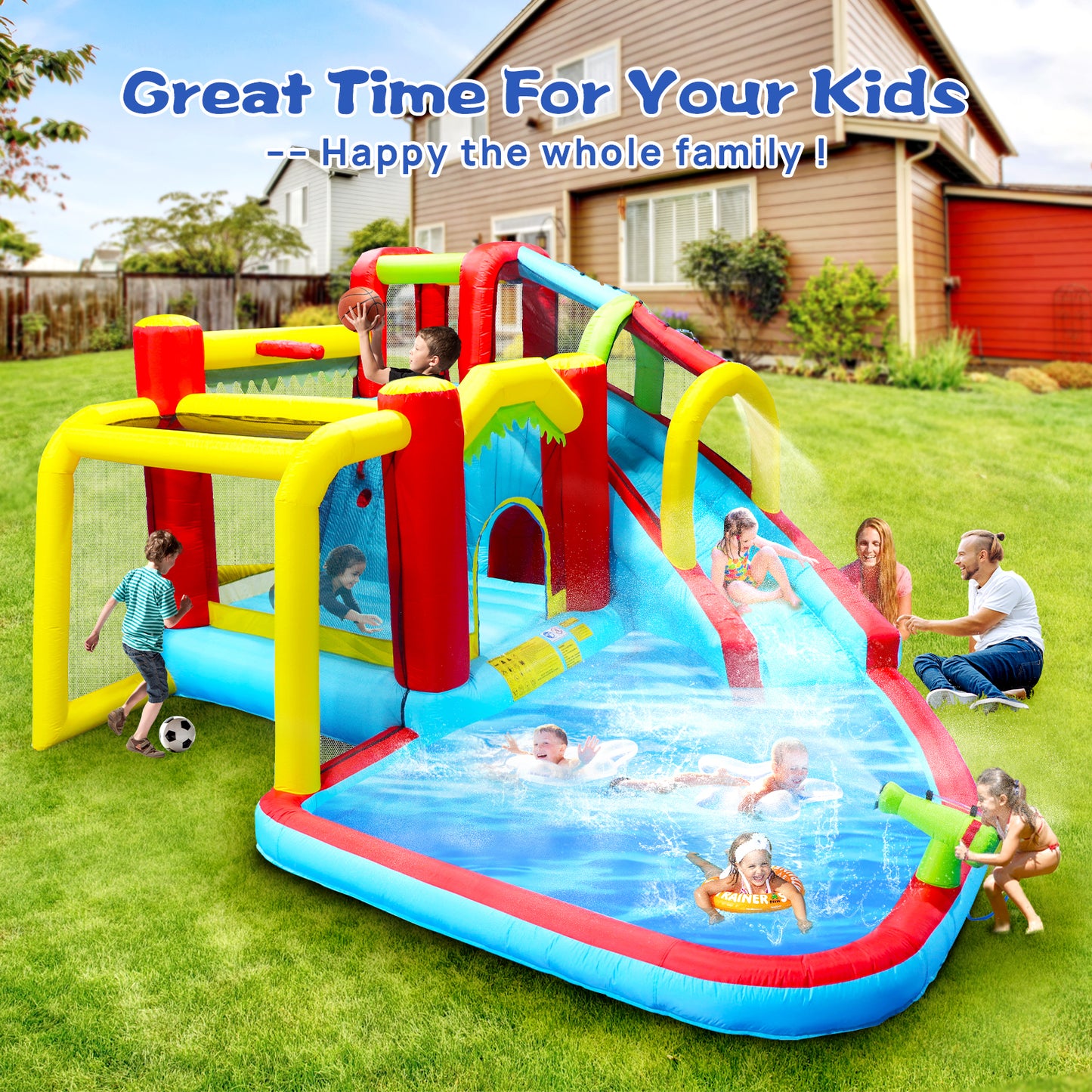 7 in1 Inflatable slide water park bouncing house outdoor Soccer garden bouncer with Splash pool  & Water gun & Climbing wall & Basketball & Football