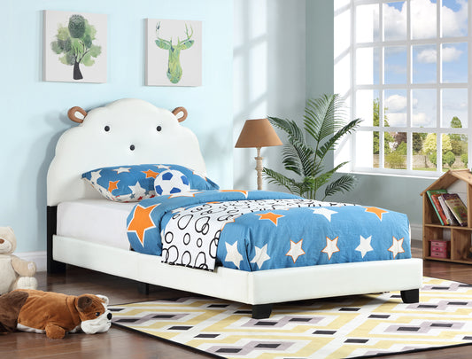 Upholstered Twin Size Platform Bed for Kids, with Slatted Bed Base, No Box Spring Needed, White color, Sheep Design