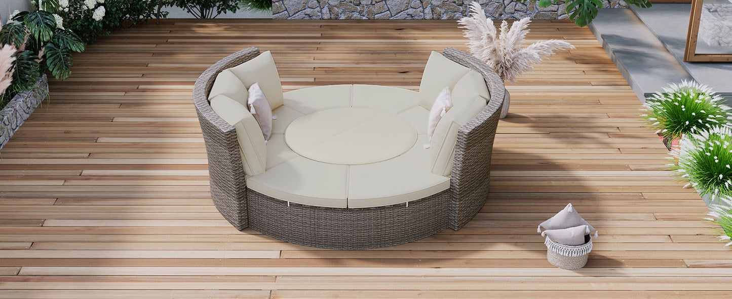 TOPMAX Patio 5-Piece Round Rattan Sectional Sofa Set All-Weather PE Wicker Sunbed Daybed with Round Liftable Table and Washable Cushions for Outdoor Backyard Poolside, Gray