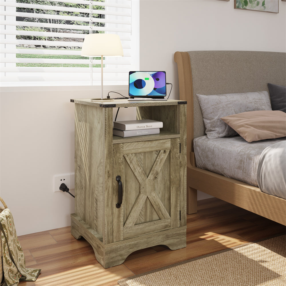 Wholesale Light Gray Door Wood Nightstands Cabinet Tall Bedside Table With Charging Station Bedroom Living Room