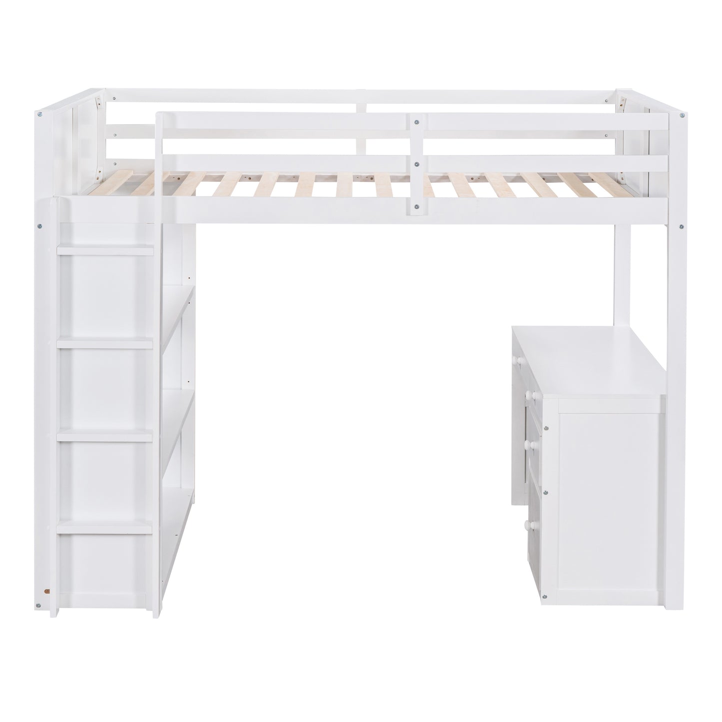 Twin Size Loft Bed with Ladder, Shelves, and Desk, White