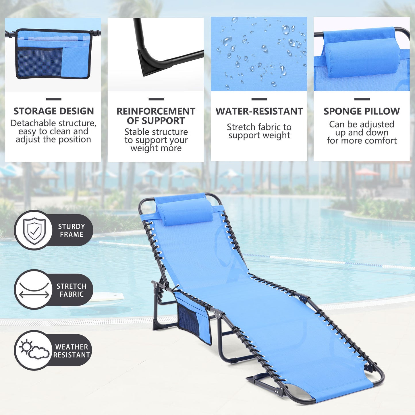 Folding Textilene Waterproof Patio Chaise Lounge Chair,Outdoor Adjustable and Reclining Tanning Chair with Pillow and Side Pocket for Lawn,Beach,Pool,Portable Camping and Sunbathing(2 Pieces,Blue)