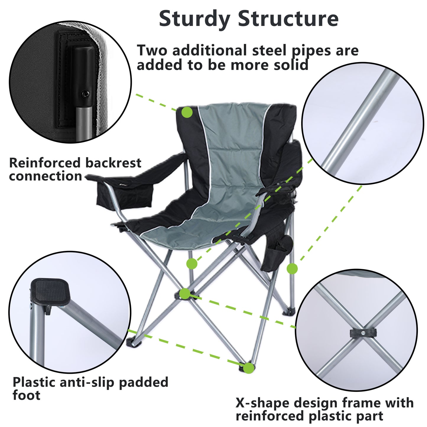 YSSOA Oversized Camping Folding Chair with Cup Holder, Side Cooler Bag, Heavy Duty Steel Frame Fully P Added Quad Armchair for Outdoors, 1-Pack, Grey