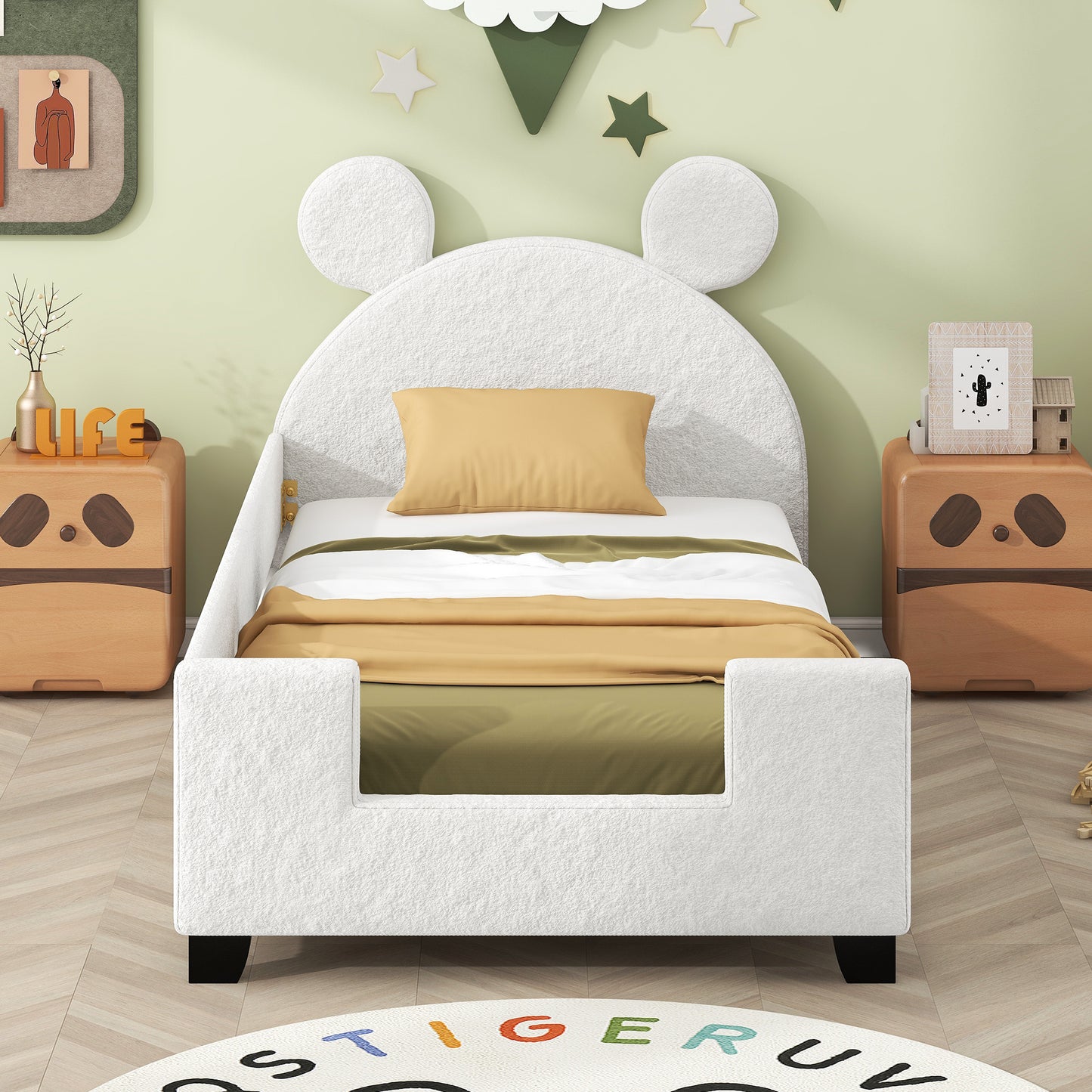 Teddy Fleece Twin Size Upholstered Daybed with Carton Ears Shaped Headboard, White