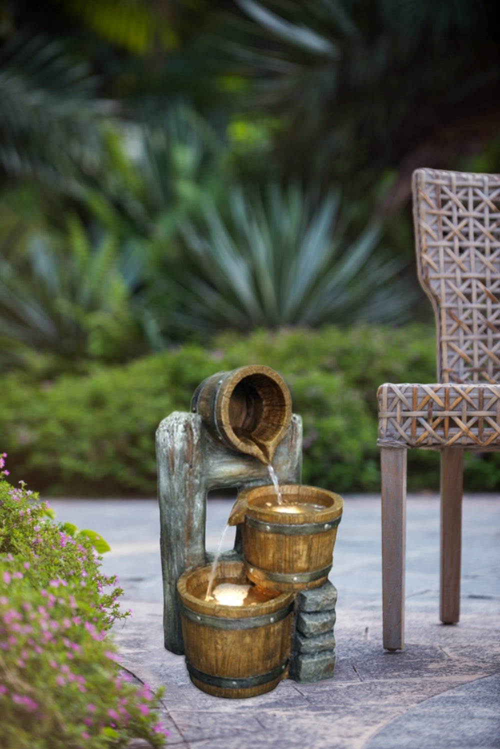 10.4x9.4x19.1" Decorative 3 Tier Bucket Fountain with Lights and Pump, Brown