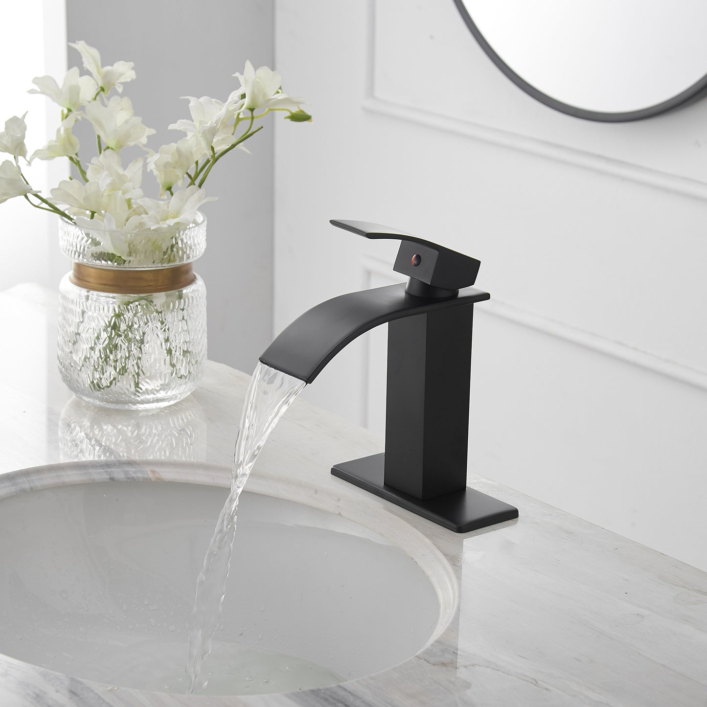 Waterfall Single Hole Single-Handle Low-Arc Bathroom Faucet With Supply Line in Matte Black