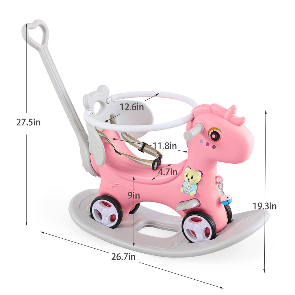 Rocking Horse for Toddlers , Balance Bike Ride On Toys with Push Handle, Backrest and Balance Board for Baby Girl and Boy, Unicorn Kids Riding Birthday (Pink)