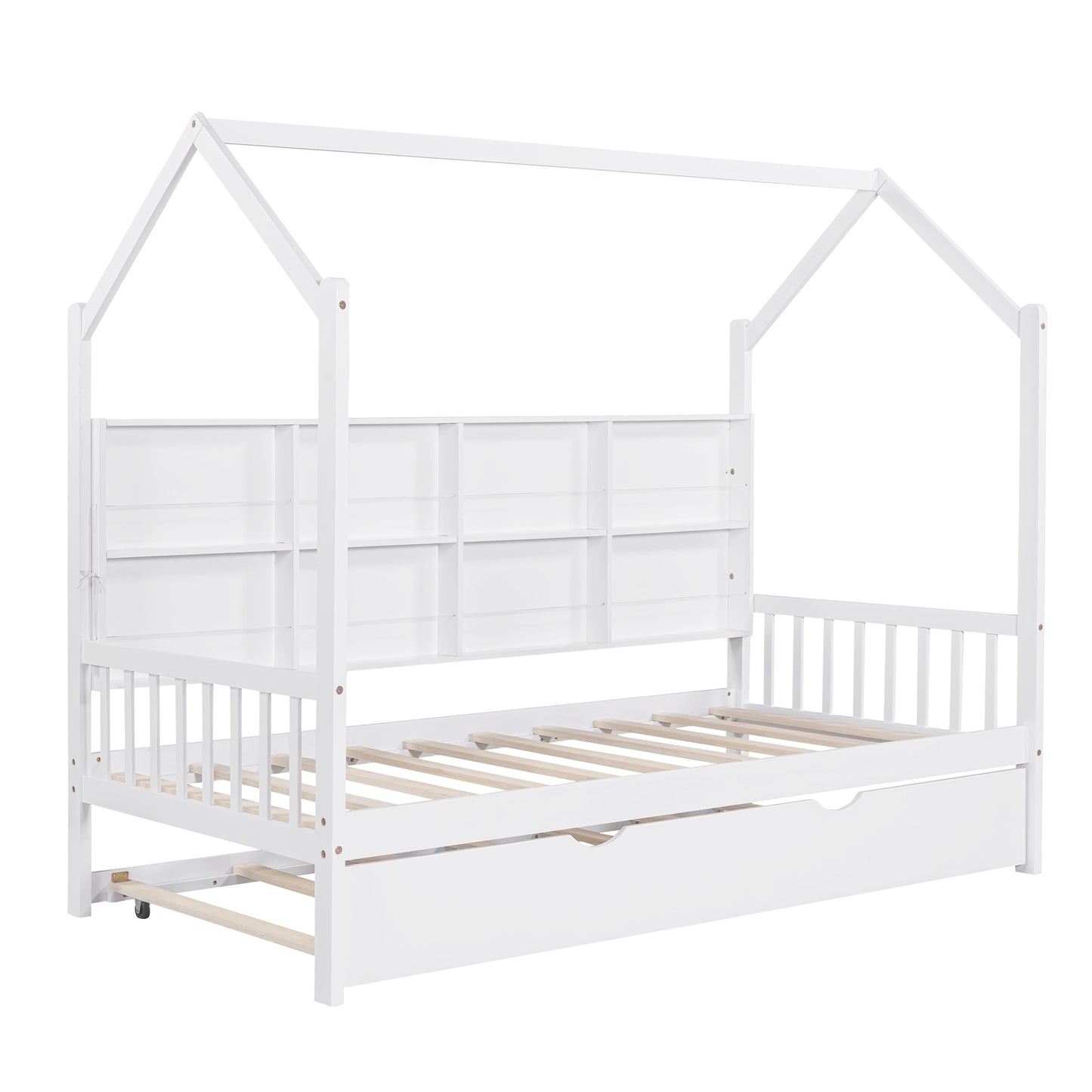 Wooden Twin Size House Bed with Trundle,Kids Bed with Shelf, White