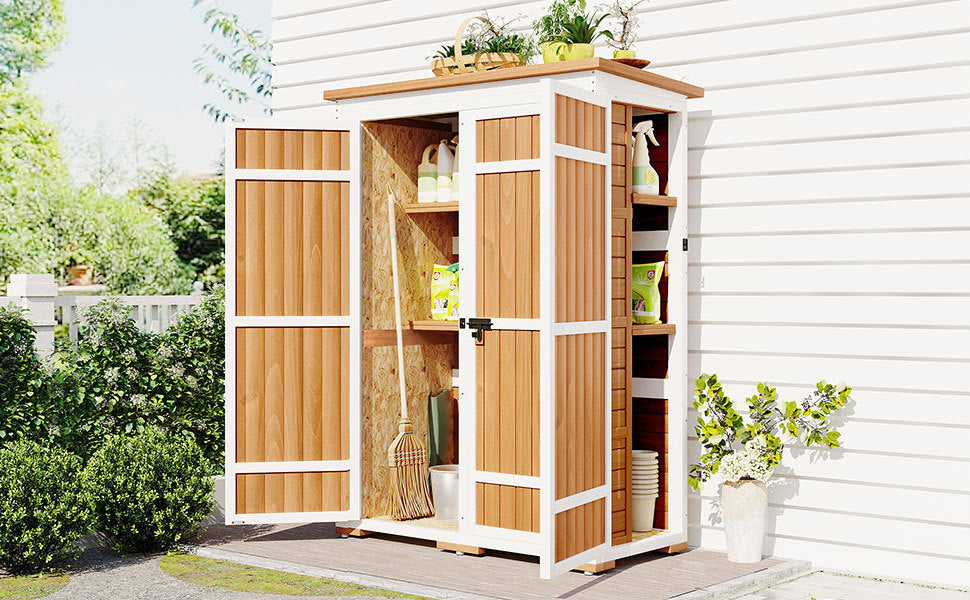 [Video Provided] TOPMAX Outdoor 5.5ft Hx4.1ft L Wood Storage Shed, Garden Tool Cabinet with Waterproof Asphalt Roof, Four Lockable Doors, Multiple-tier Shelves, Natural