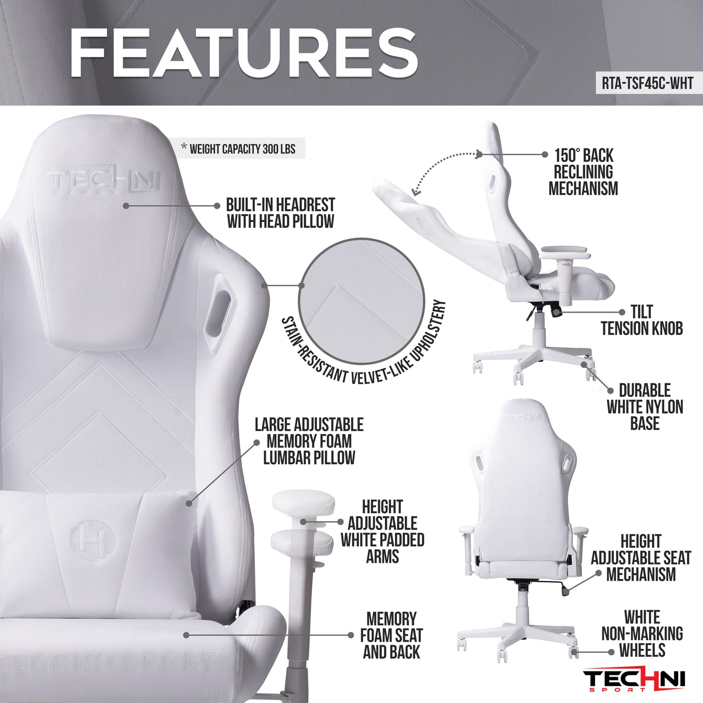 Techni Sport TSF45C Velvet Memory Foam Gaming Chair – White