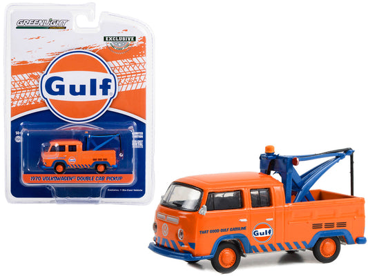 1970 Volkswagen Double Cab Pickup Tow Truck Orange "Gulf Oil - That Good Gulf Gasoline" "Hobby Exclusive" Series 1/64 Diecast Model Car by Greenlight-0