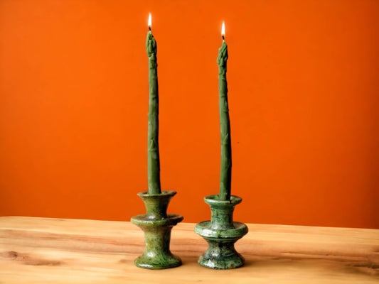 Set Of Two Handmade Moroccan Vintage Tamegroute X-Small Green Candlestick Holders-0