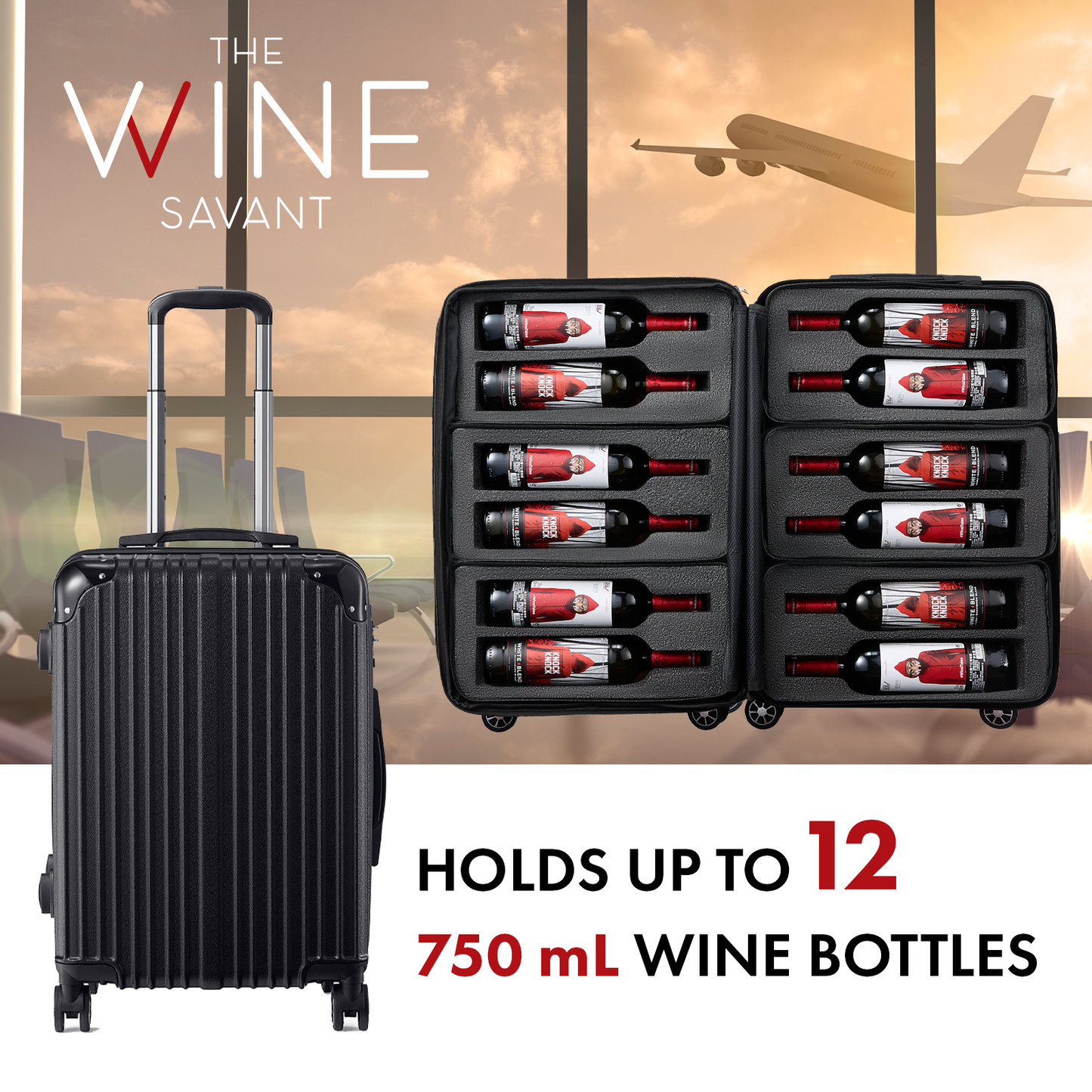 Wine Suitcase for Airplanes 12 Bottle, With Wine Carrier Cases Bags, Black Luggage Carrier with TSA Approved Lock and Removable Inserts to Carry Wine Liquor Alcohol During Travel, Gift For Wine Lovers-1