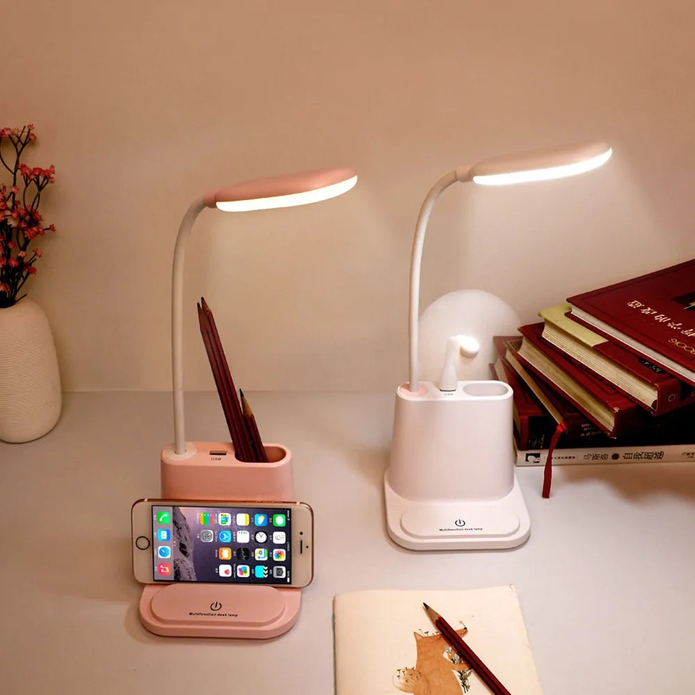 USB Rechargeable LED Desk Lamp: Touch Dimming, Phone Holder, Fan, Brush Pot