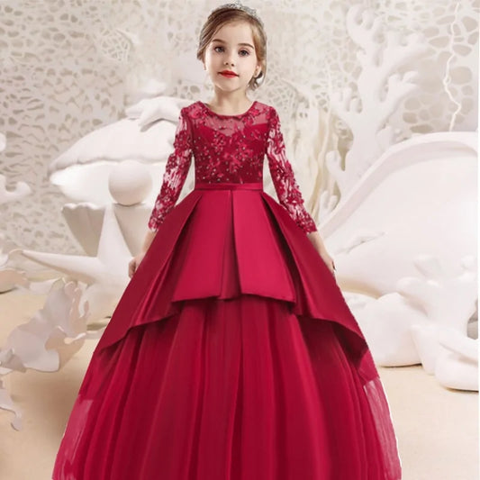 Girls Long Sleeve Lace Embroidery Dress