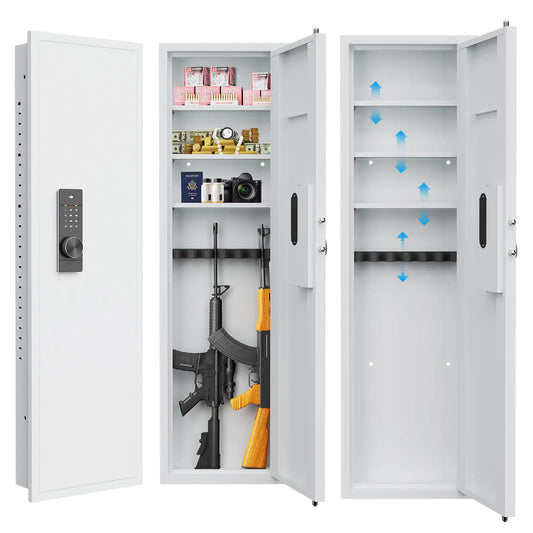 53Passwod Touch Panel In-Wall Safe,Hidden Wall Gun Safe For Rifles With Adjustable Shelves,Assembled Storage Multifunctional Wall Safe For Firearm And Valuables White-Digital