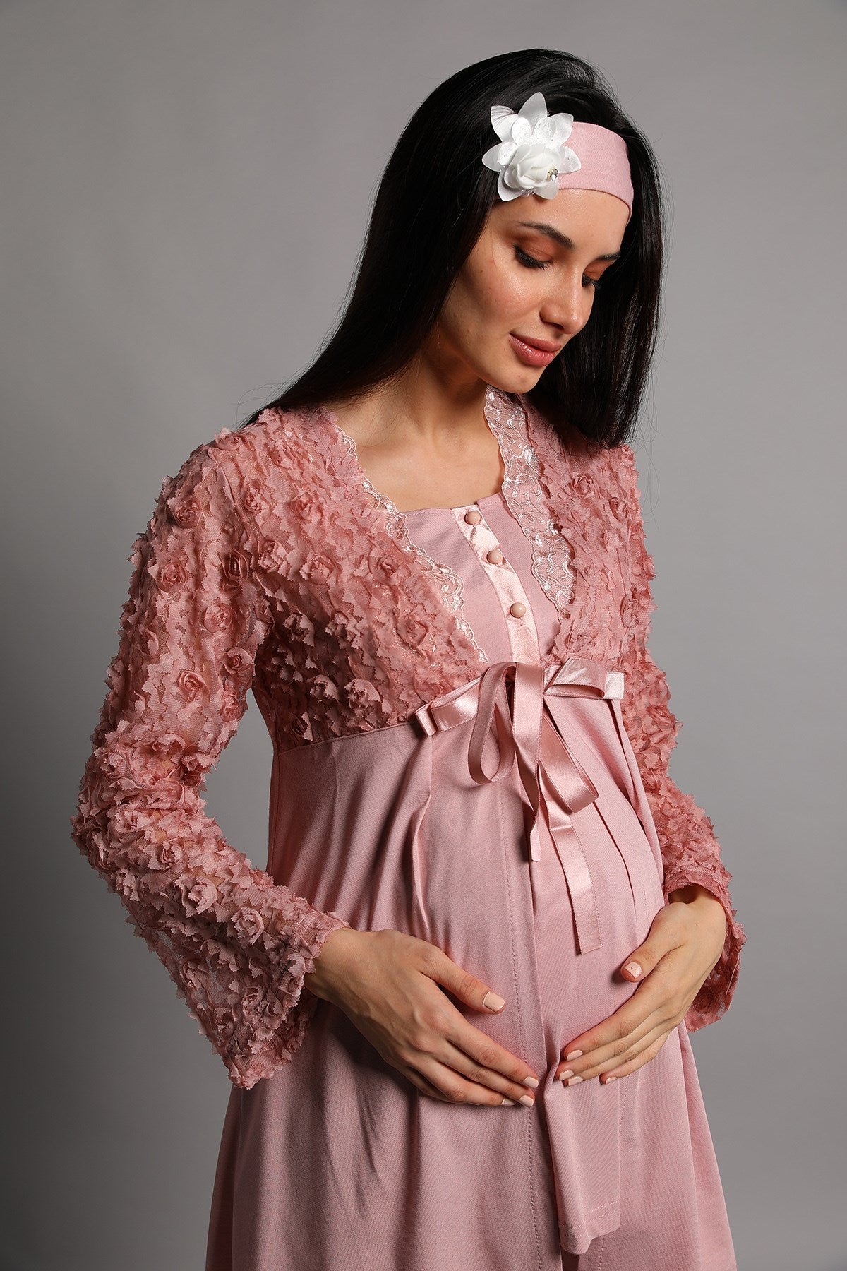 Shopymommy 5206 Guipure 3-Pieces Maternity & Nursing Pajamas With Robe Dried Rose-2