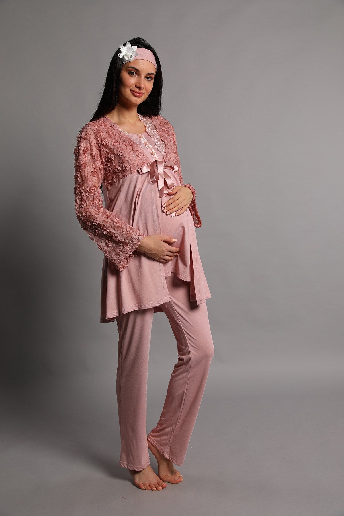 Shopymommy 5206 Guipure 3-Pieces Maternity & Nursing Pajamas With Robe Dried Rose-0