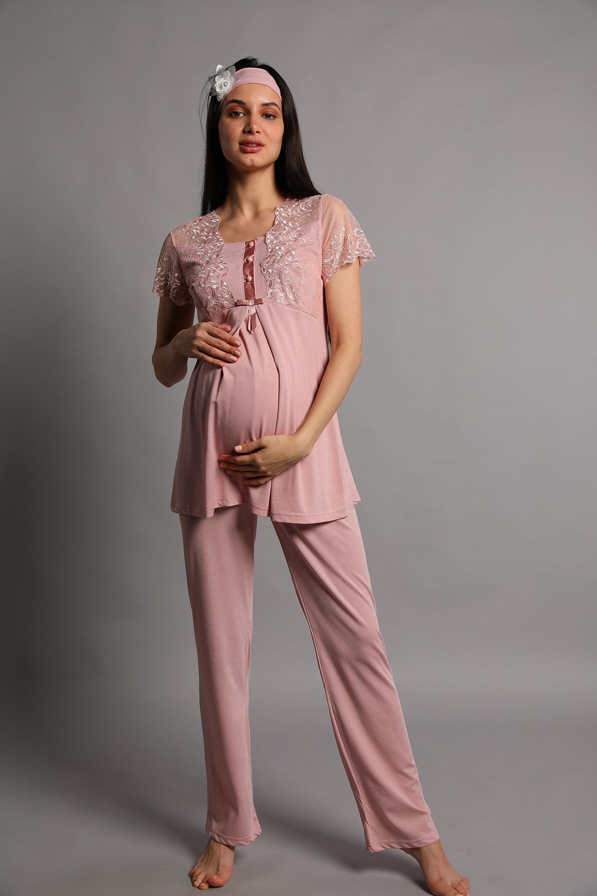 Shopymommy 5206 Guipure 3-Pieces Maternity & Nursing Pajamas With Robe Dried Rose-1