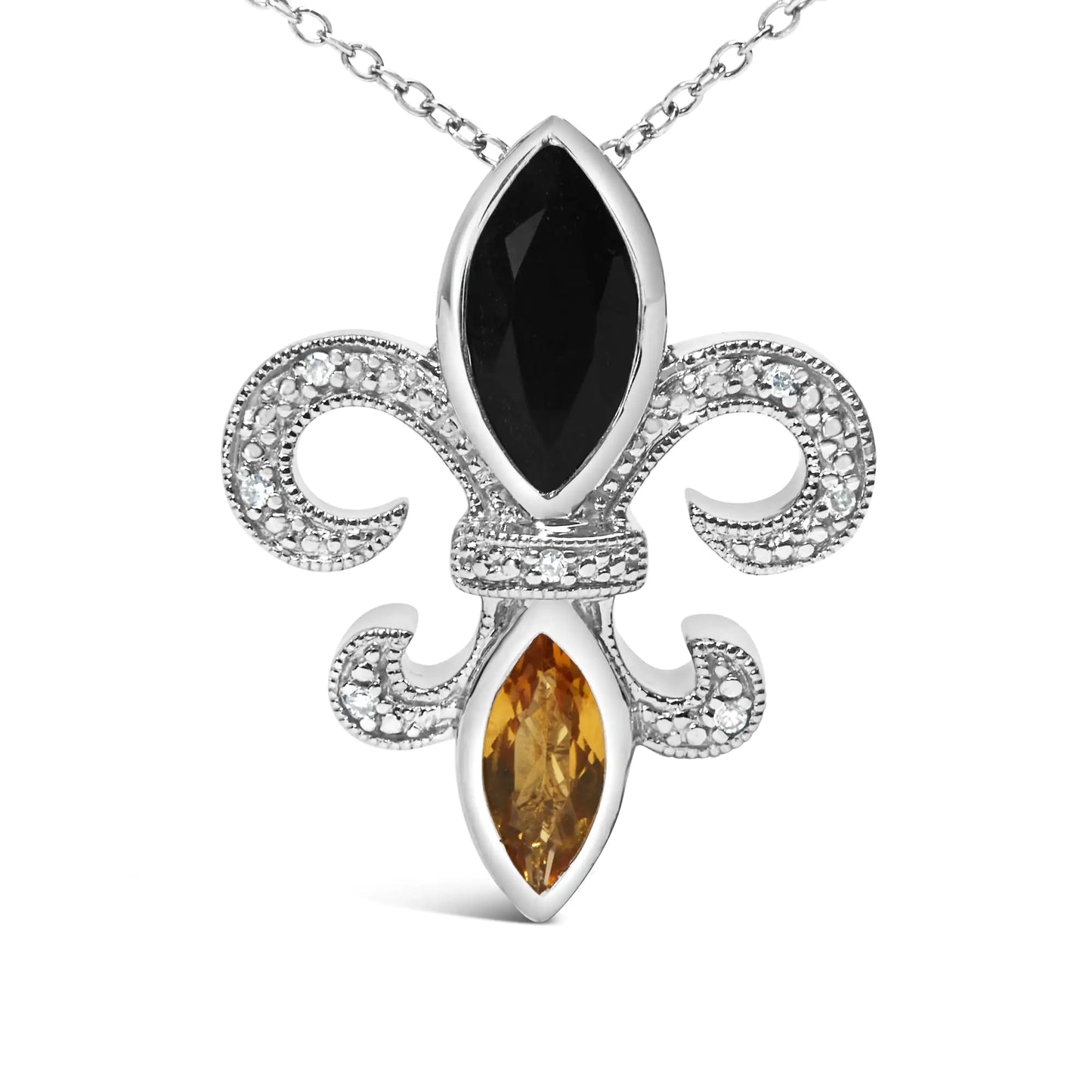 .925 Sterling Silver Marquise Onyx and Citrine and Diamond Accent Fleur De Lis Pendant Necklace (H-I Color, SI1-SI2 Clarity) - 18"