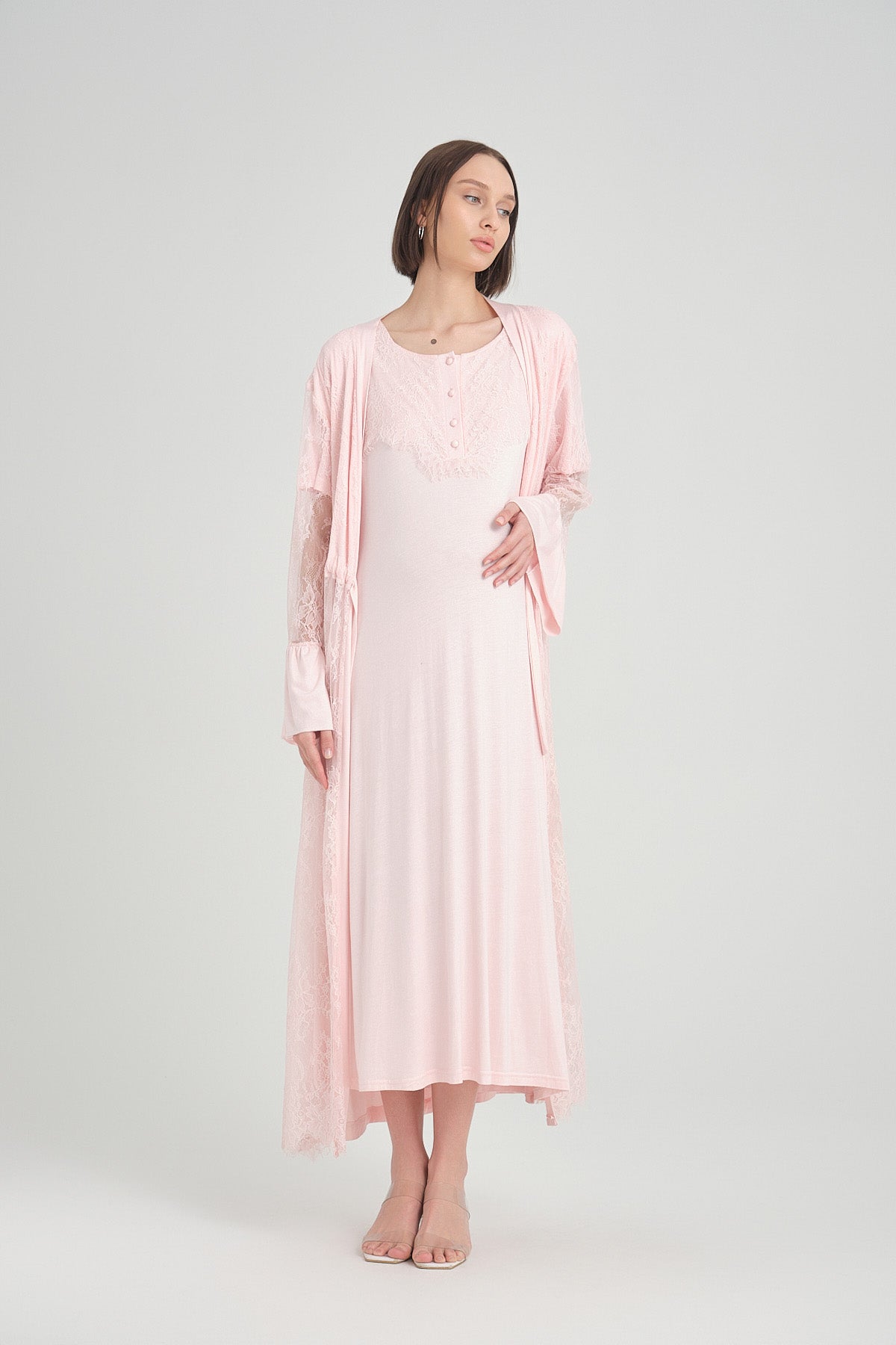 Shopymommy 2402 Lace Maternity & Nursing Nightgown With Embroidered Robe Pink-2