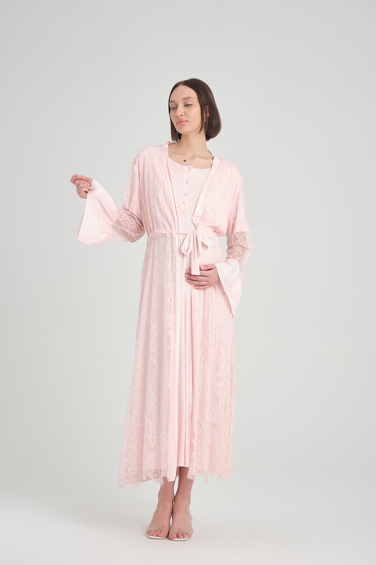 Shopymommy 2402 Lace Maternity & Nursing Nightgown With Embroidered Robe Pink-0