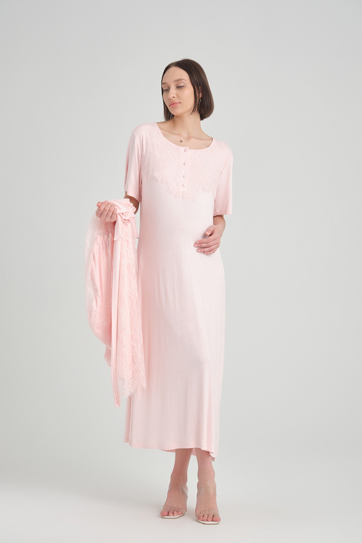 Shopymommy 2402 Lace Maternity & Nursing Nightgown With Embroidered Robe Pink-3