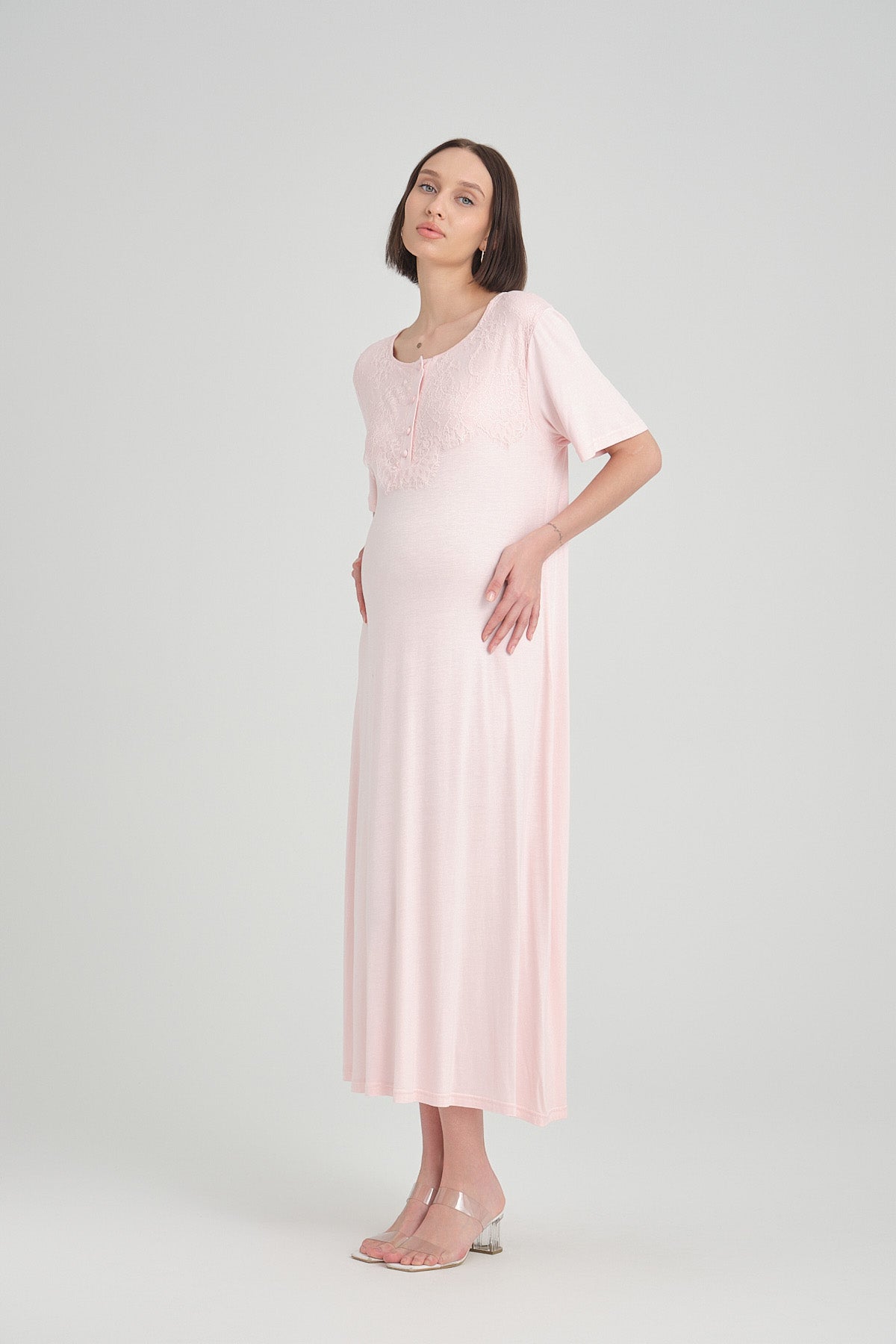 Shopymommy 2402 Lace Maternity & Nursing Nightgown With Embroidered Robe Pink-1