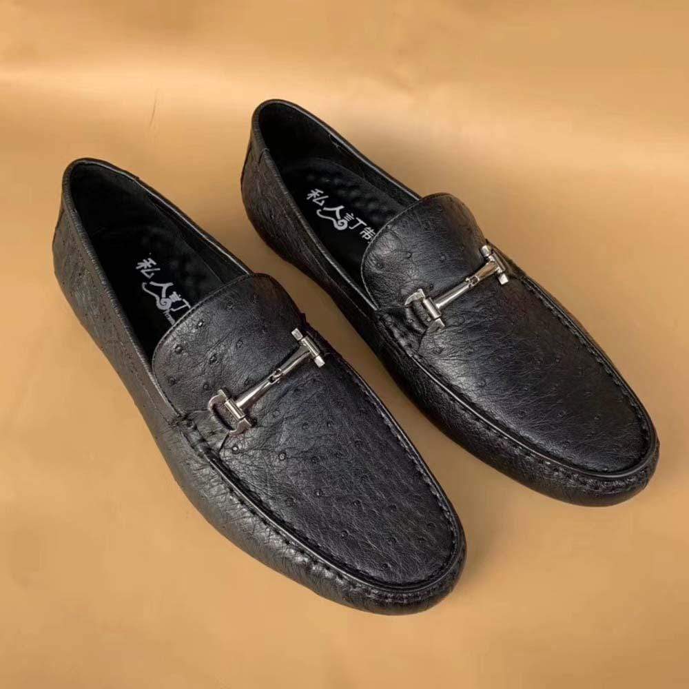 Men's Ostirch Leather Loafers Shoes Fashion Driving Shoes Business Dress Loafter Shoes Car Shoes Black-2