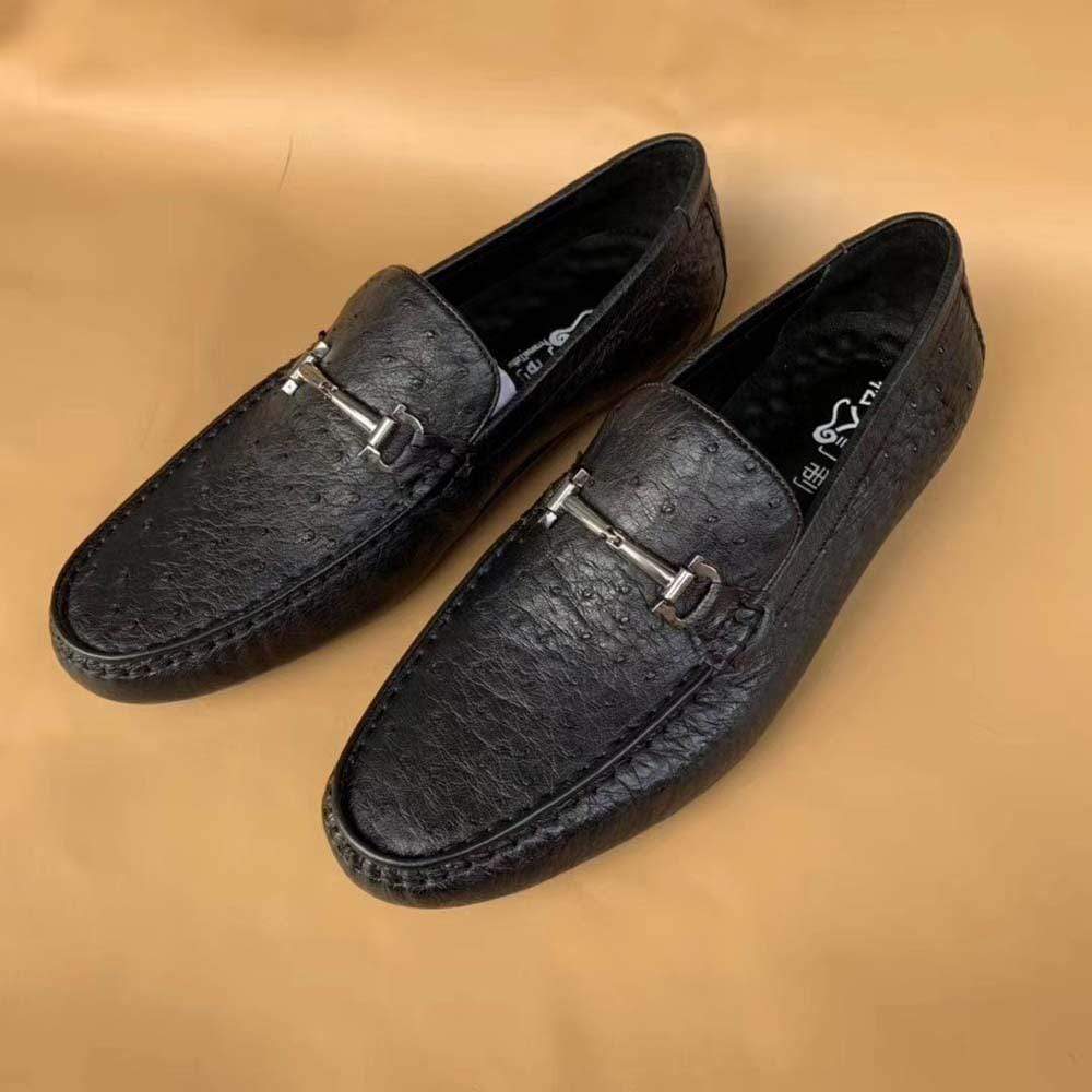 Men's Ostirch Leather Loafers Shoes Fashion Driving Shoes Business Dress Loafter Shoes Car Shoes Black-1