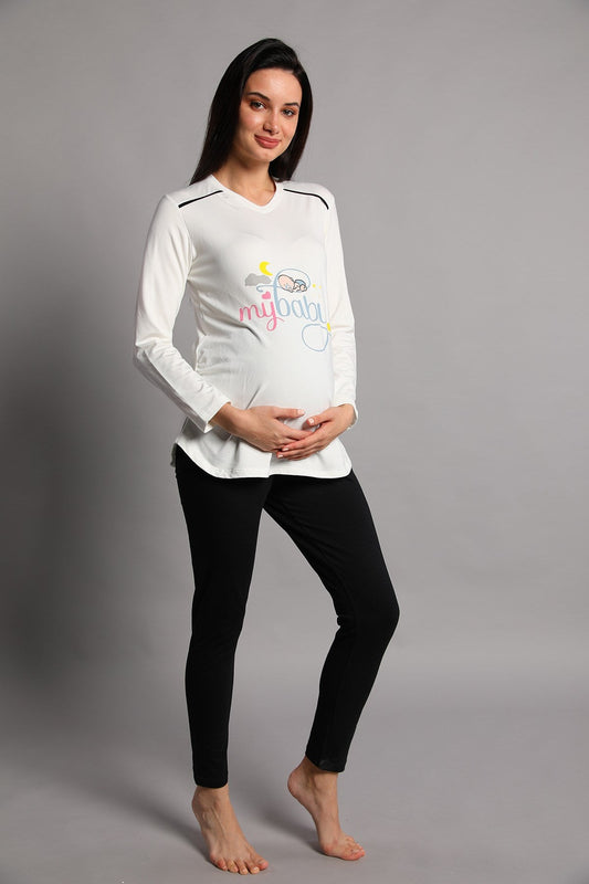 Shopymommy 5345 My Baby Maternity T-Shirt & Tights Set Ecru-0